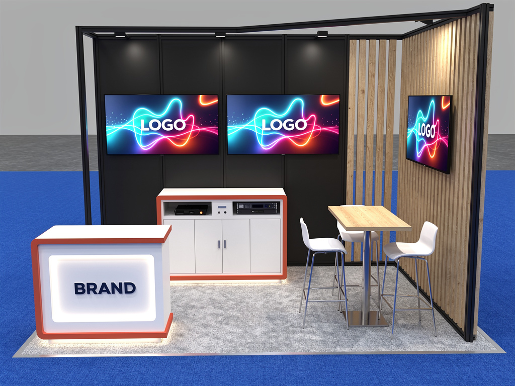 Apex 10x20 Inline Modular Exhibit with Integrated Reception turnkey exhibit 3D rendering
