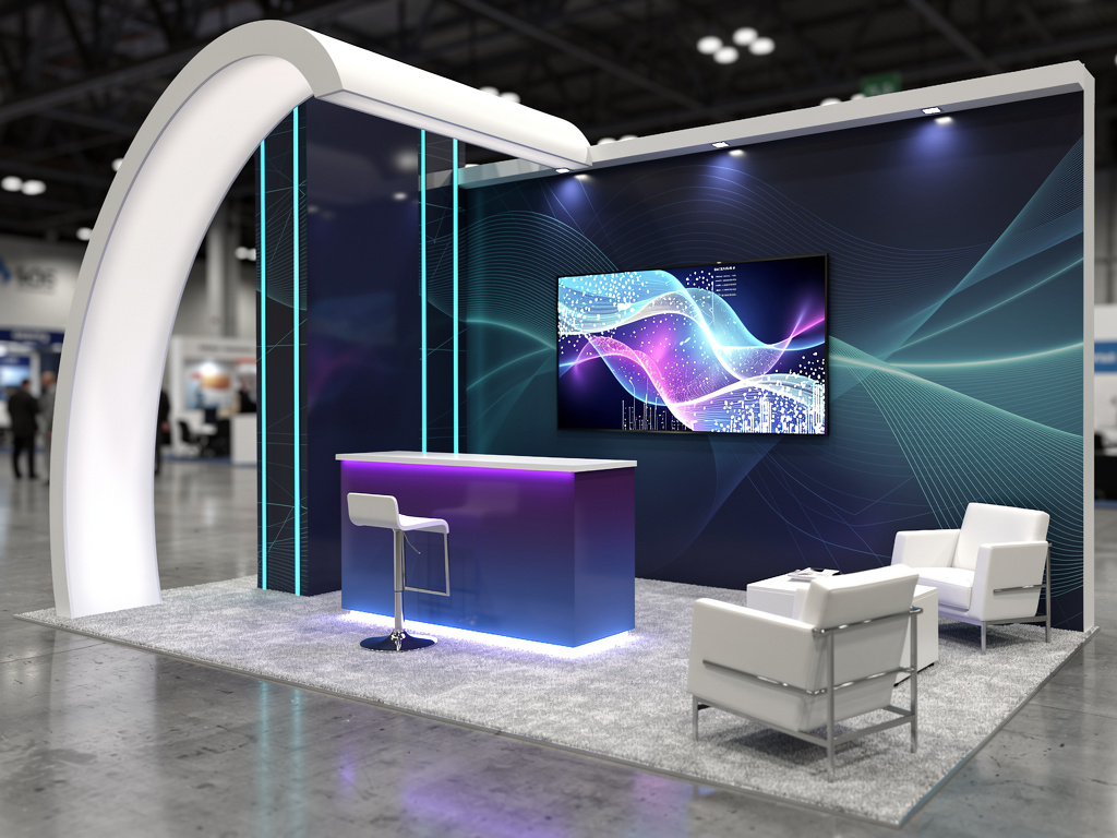 Pagos 10x30 Inline Modular Exhibit with Reconfigurable Design turnkey exhibit 3D rendering