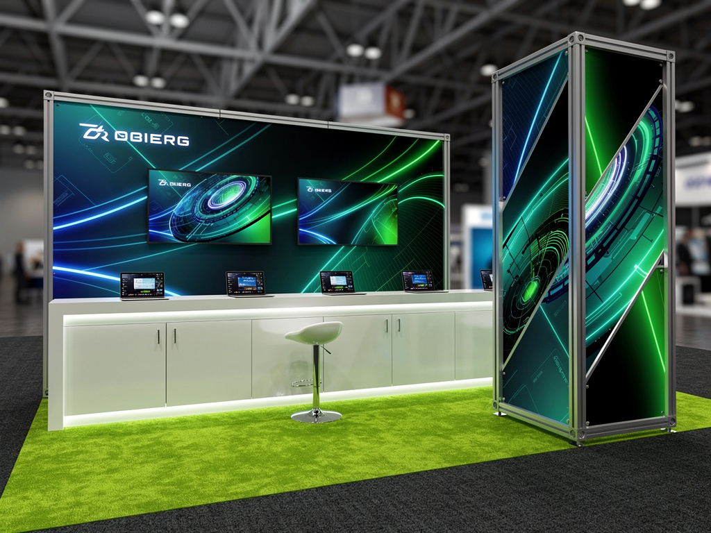 SimCentric 10x30 Inline Modular Exhibit with Integrated Reception turnkey exhibit 3D rendering