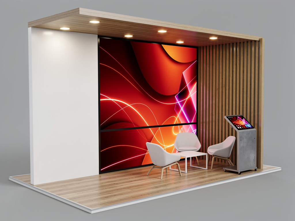 Soho Society 10x30 Inline Modular Exhibit with Integrated Reception turnkey exhibit 3D rendering