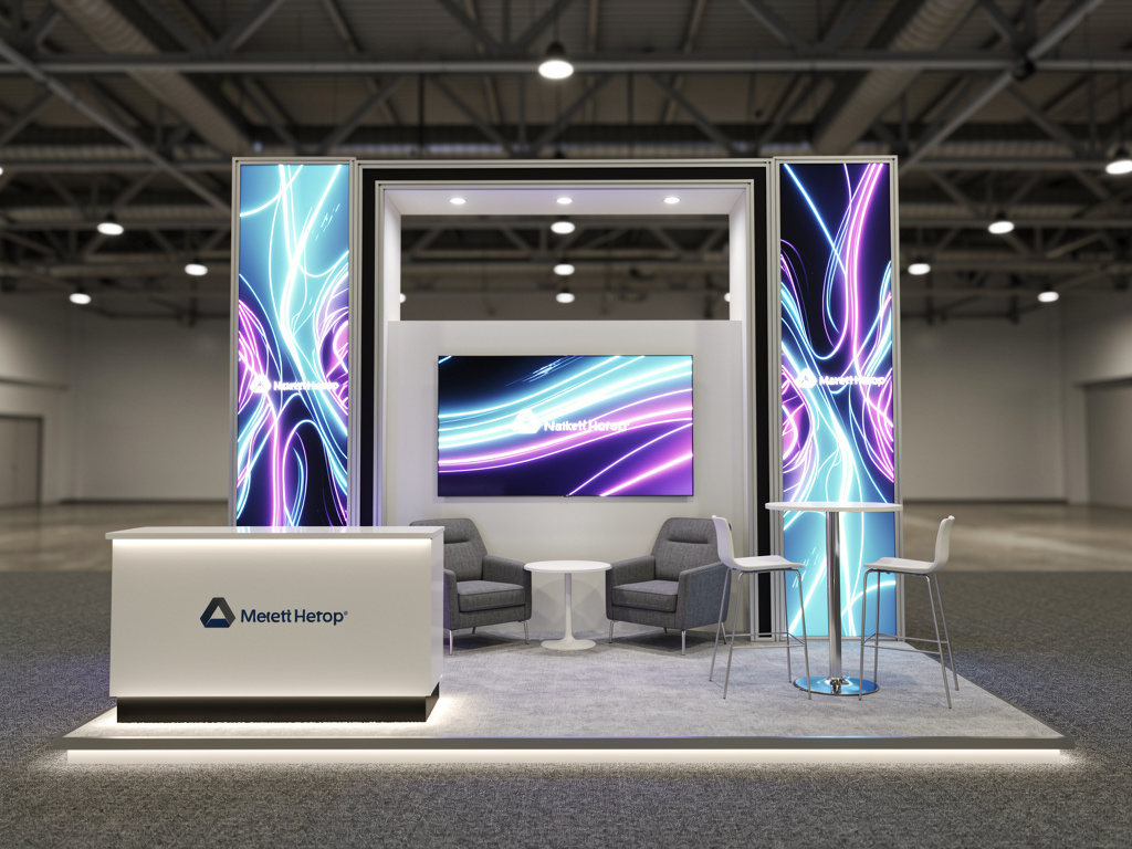 Apex 20x20 Modular Island Exhibit with Integrated Brand Canopy turnkey exhibit 3D rendering