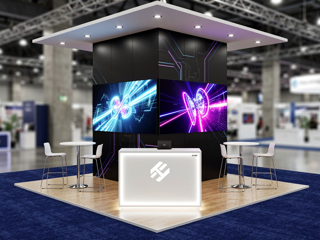 Luminos 20x20 Modular Island Exhibit with Integrated Lightbox turnkey exhibit 3D rendering