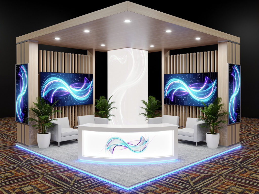 Apex 20x20 Modular Island Exhibit with Integrated Brand Tower turnkey exhibit 3D rendering