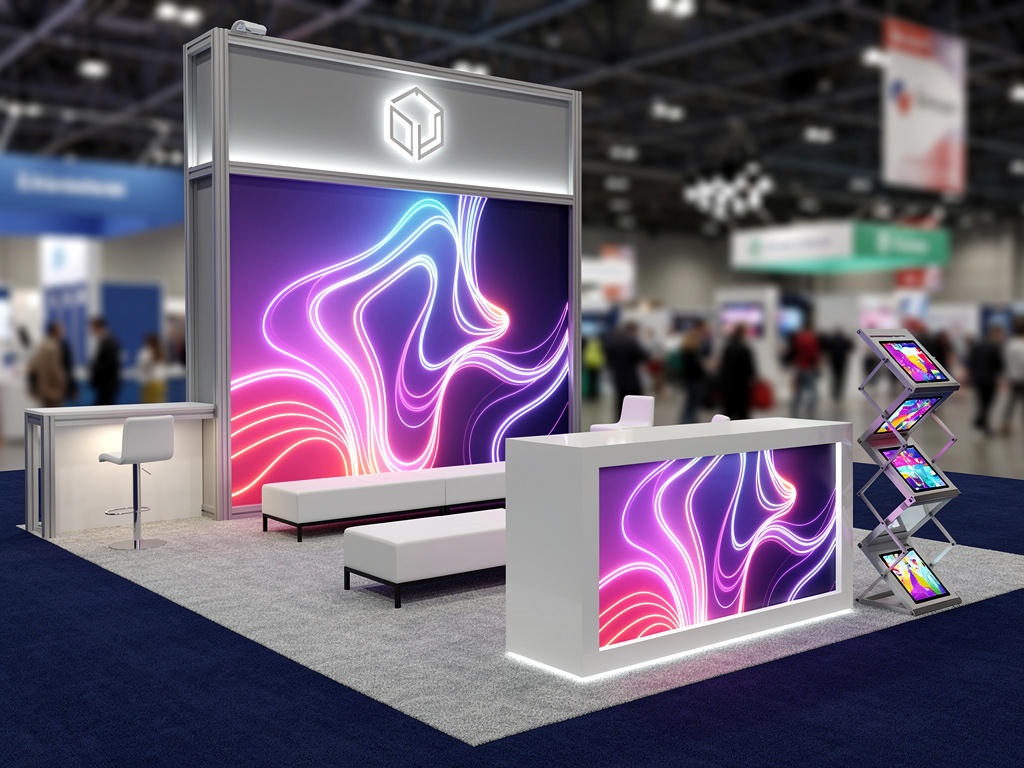 Aether 20x20 Modular Island Exhibit with Integrated Brand Zones turnkey exhibit 3D rendering