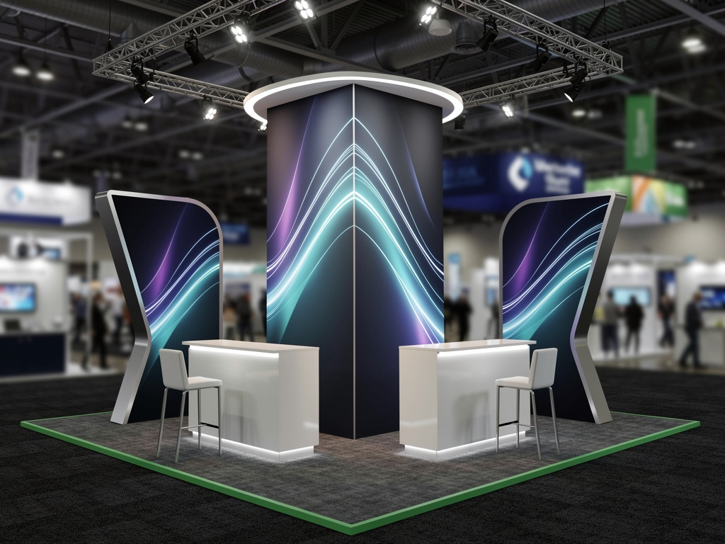 Summit 20x20 Modular Island Exhibit with Integrated Reception turnkey exhibit 3D rendering