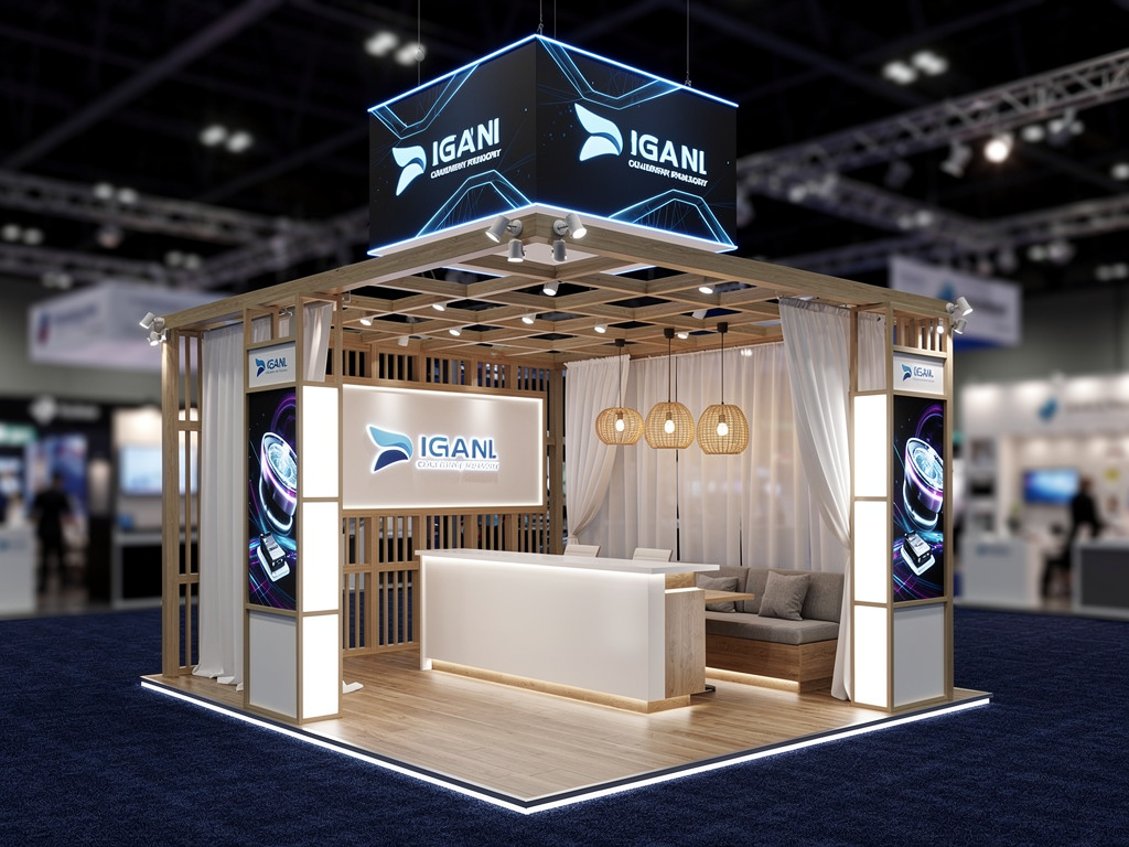 Ascend 20x20 Modular Island Exhibit with Integrated Brand Zones turnkey exhibit 3D rendering