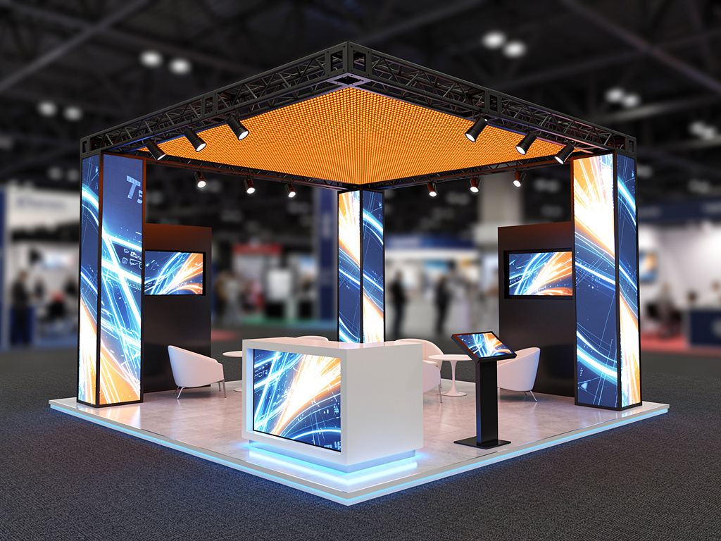 Apex 20x20 Modular Island Exhibit with Overhead Canopy turnkey exhibit 3D rendering