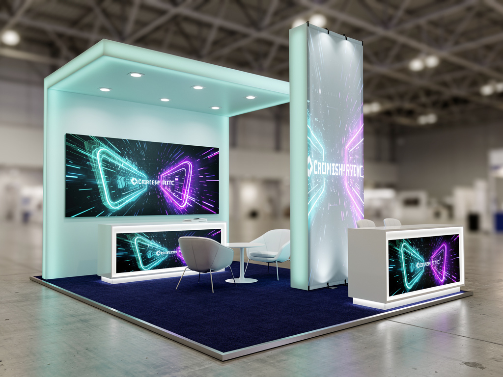 Apex 20x20 Modular Island Exhibit with Integrated Brand Tower turnkey exhibit 3D rendering