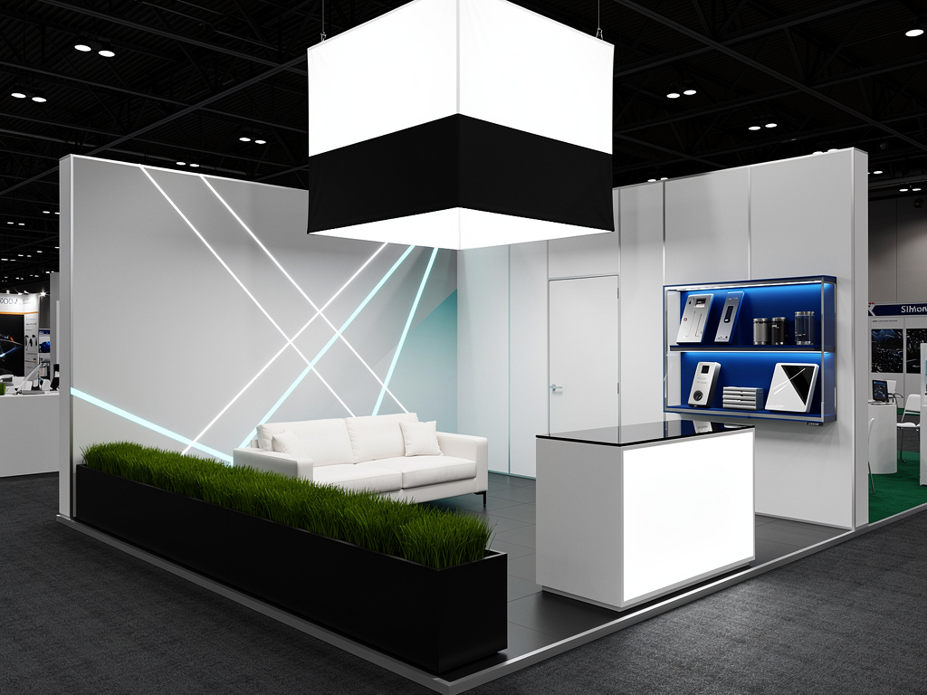 KART 20x20 Custom Island Exhibit Rental turnkey exhibit 3D rendering