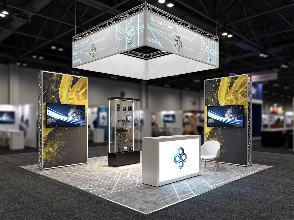 Fastik 20x20 Modular Island Exhibit with Integrated Brand Zones turnkey exhibit 3D rendering