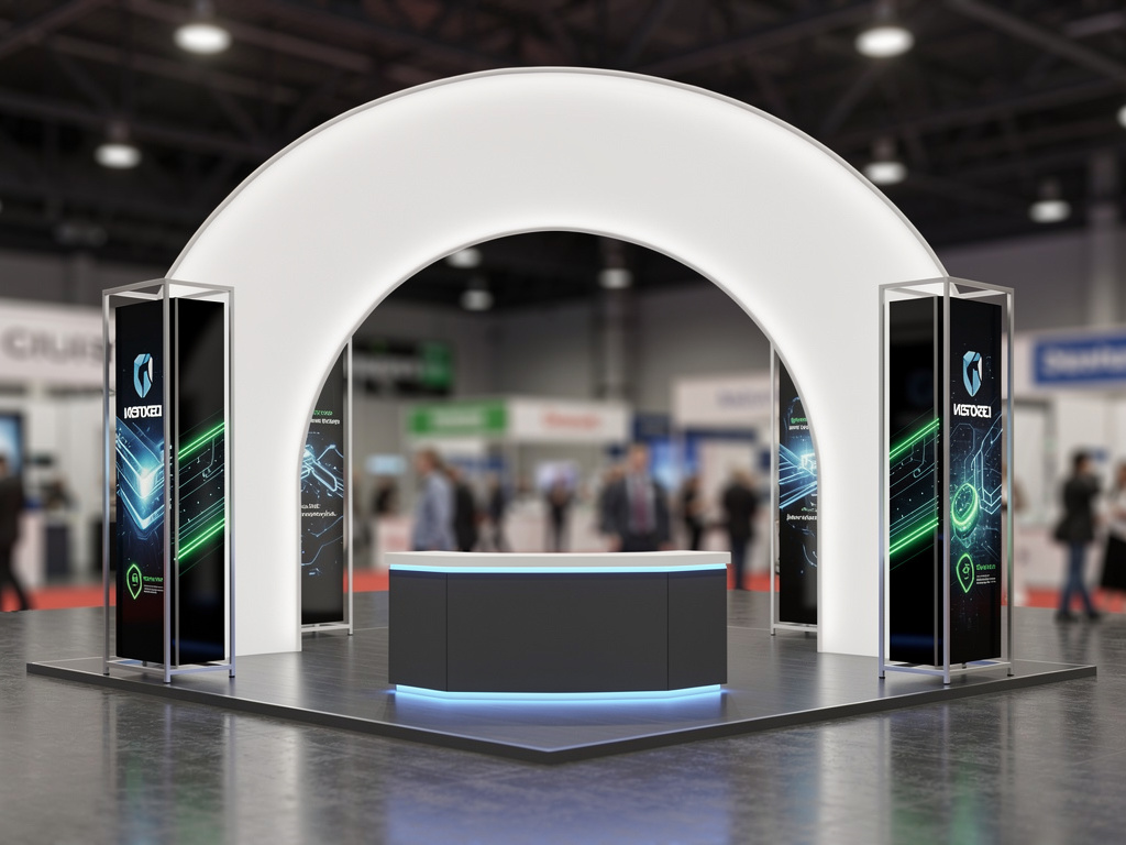 Red Hat 20x20 Custom Island Exhibit with Integrated Brand Experience turnkey exhibit 3D rendering