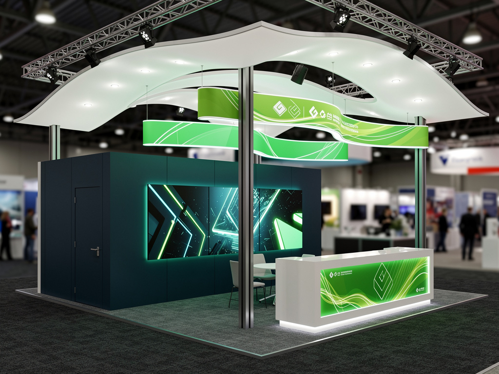 Apex 20x20 Modular Island Exhibit with Integrated Brand Zones turnkey exhibit 3D rendering