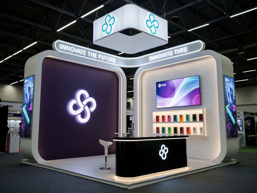 Ascend 20x20 Modular Island Exhibit with Integrated Brand Tower turnkey exhibit 3D rendering