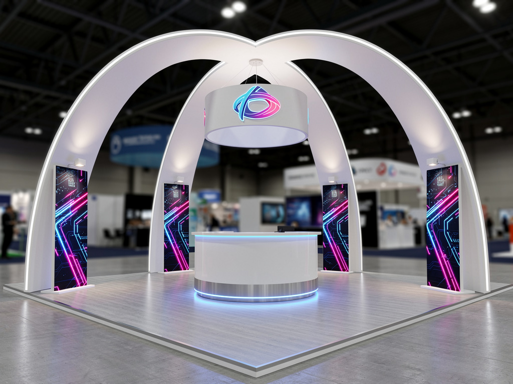 Apex 20x20 Modular Island Exhibit with Overhead Canopy turnkey exhibit 3D rendering