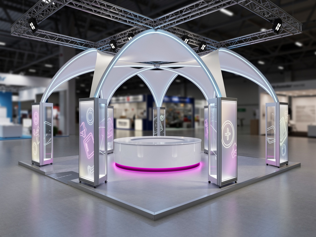 Apex 20x20 Modular Island Exhibit with Overhead Canopy turnkey exhibit 3D rendering