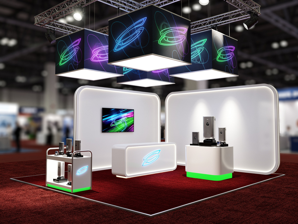 Airzone 20x20 Modular Island Exhibit with Integrated Brand Zones turnkey exhibit 3D rendering