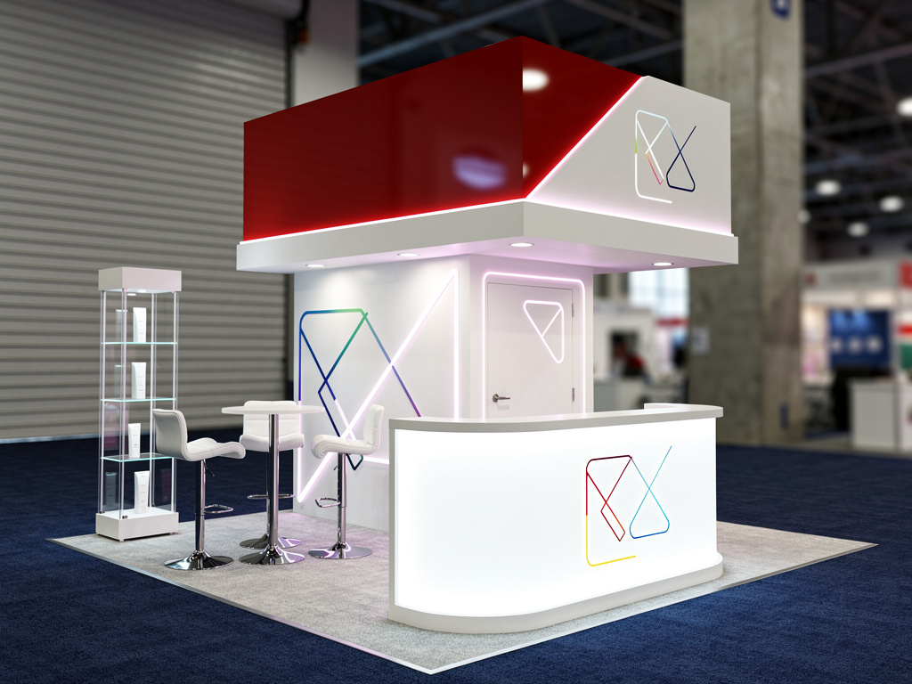 Apex 20x20 Modular Island Exhibit with Overhead Canopy turnkey exhibit 3D rendering