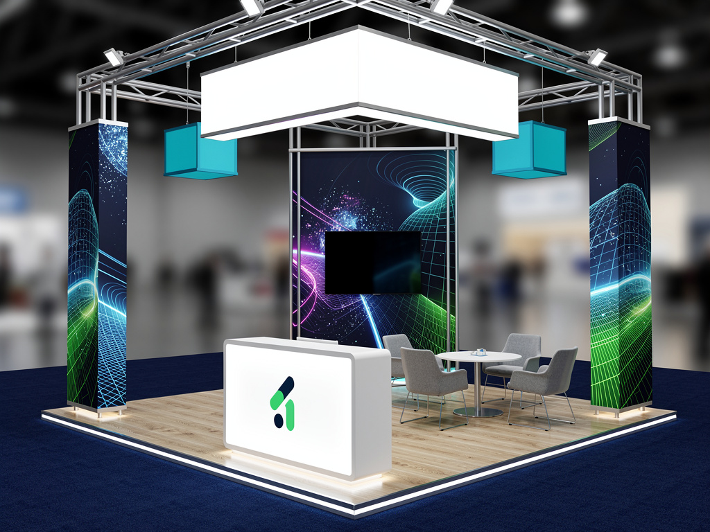 Terrago 20x20 Island Exhibit with Integrated Engagement Zones turnkey exhibit 3D rendering