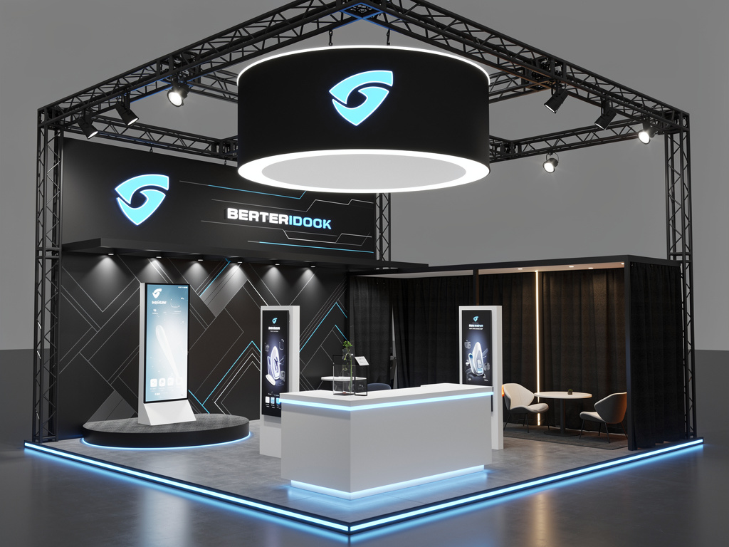 Ascend 20x30 Modular Island Exhibit with Integrated Brand Zones turnkey exhibit 3D rendering