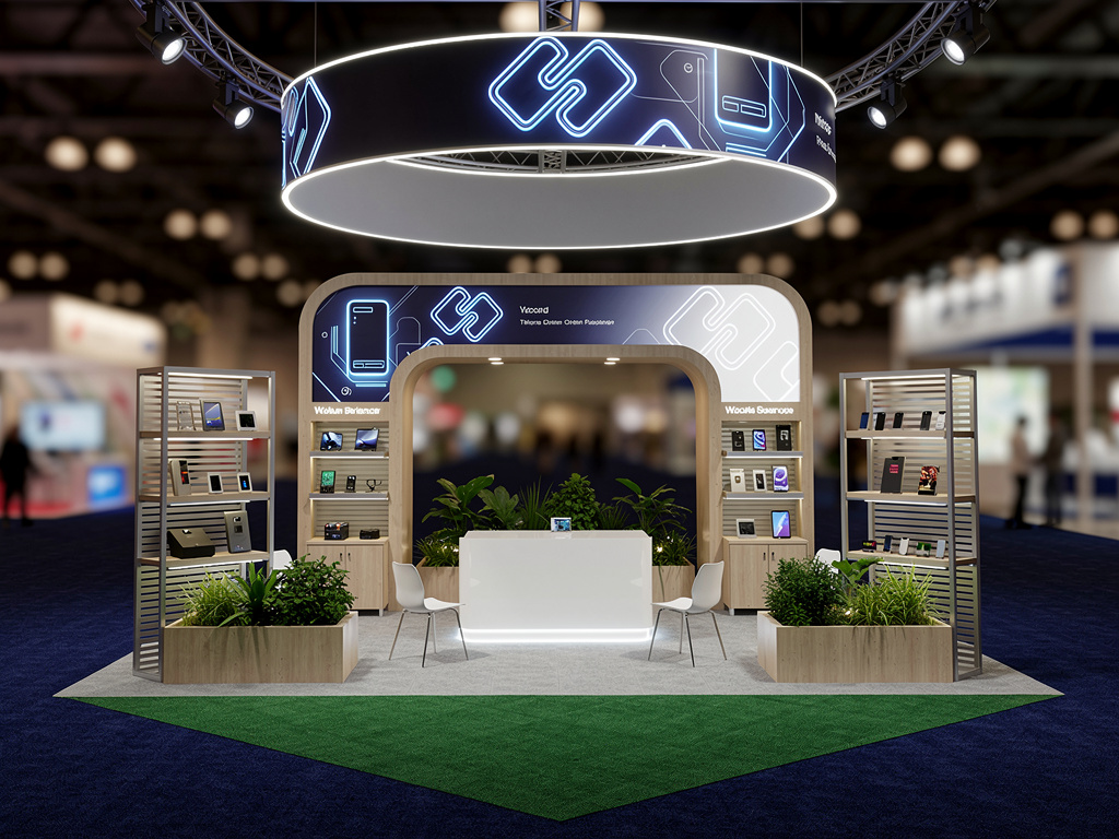 Apollo 20x30 Turnkey Island Exhibit with Reconfigurable Architecture turnkey exhibit 3D rendering