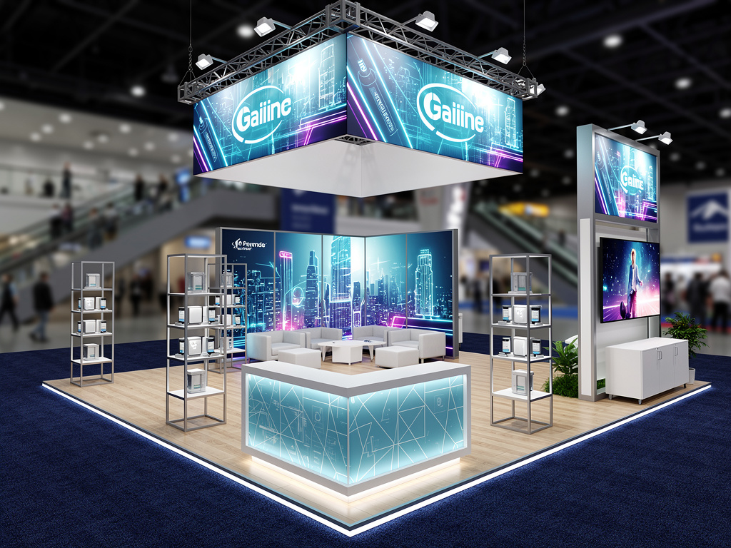 Ascend 20x30 Modular Island Exhibit with Integrated Brand Zones turnkey exhibit 3D rendering