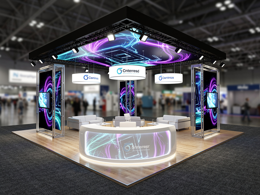 Emmvee 20x30 Island Exhibit with Reconfigurable Modular Architecture turnkey exhibit 3D rendering