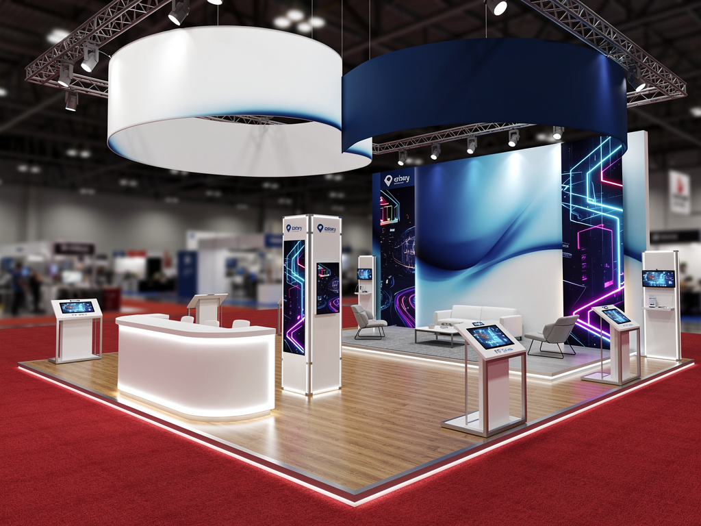 Visionary 20x30 Island Exhibit with Integrated Brand Storytelling turnkey exhibit 3D rendering