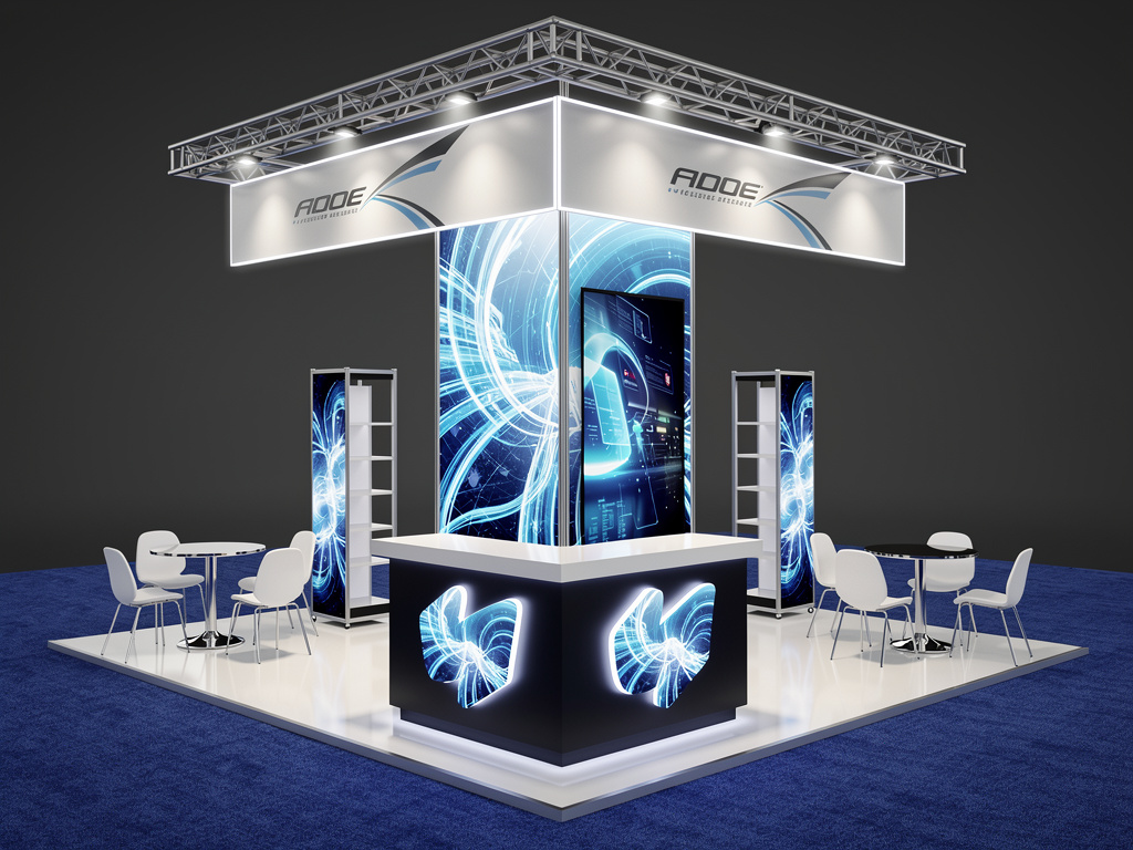 Elliquence 20x30 Island Exhibit with Integrated Brand Zones turnkey exhibit 3D rendering