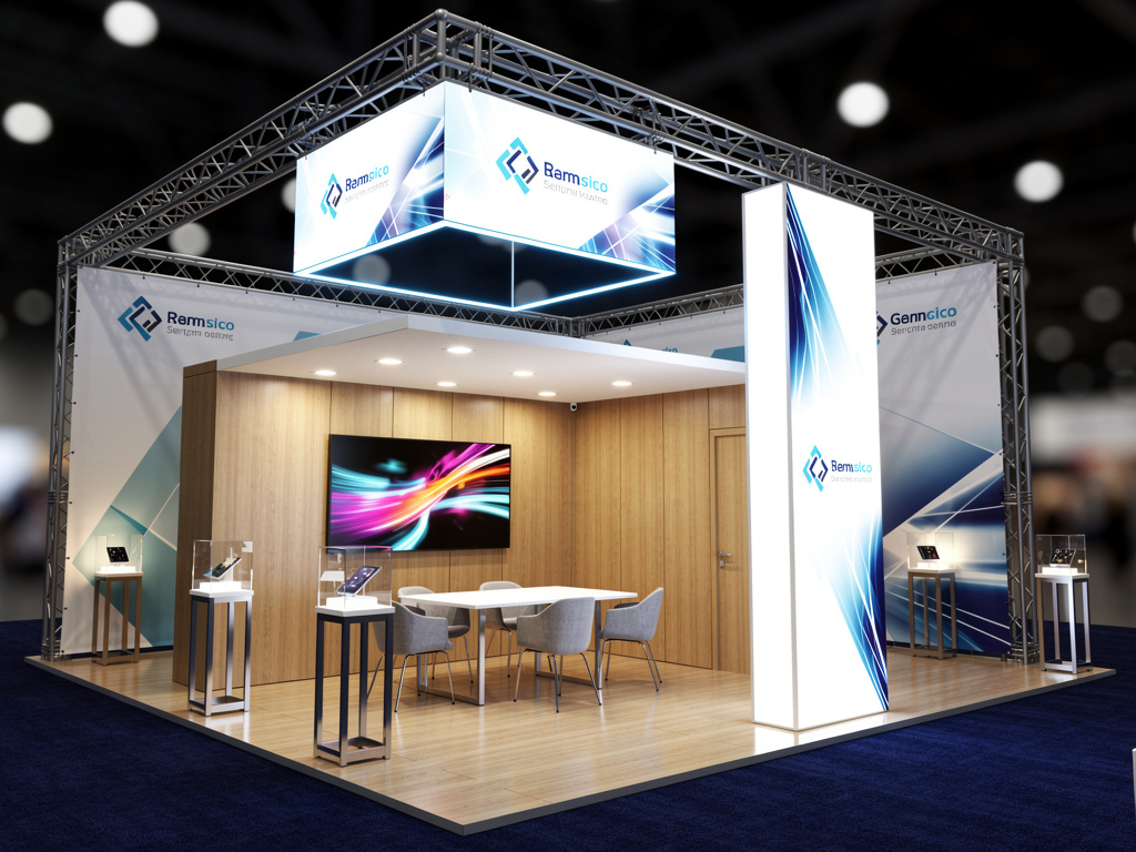 Airtech 20x40 Modular Island Exhibit with Integrated Branding turnkey exhibit 3D rendering
