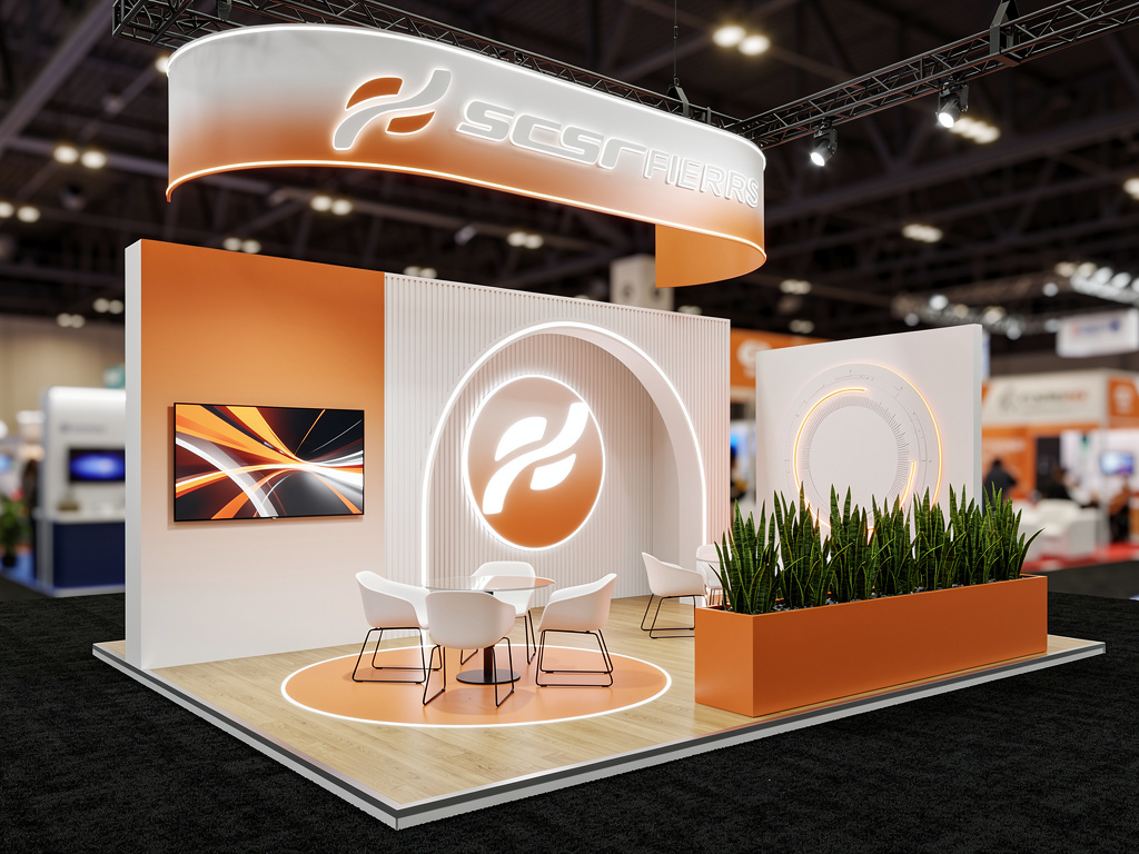 Apex 20x40 Custom Island Exhibit with Integrated Brand Zones turnkey exhibit 3D rendering