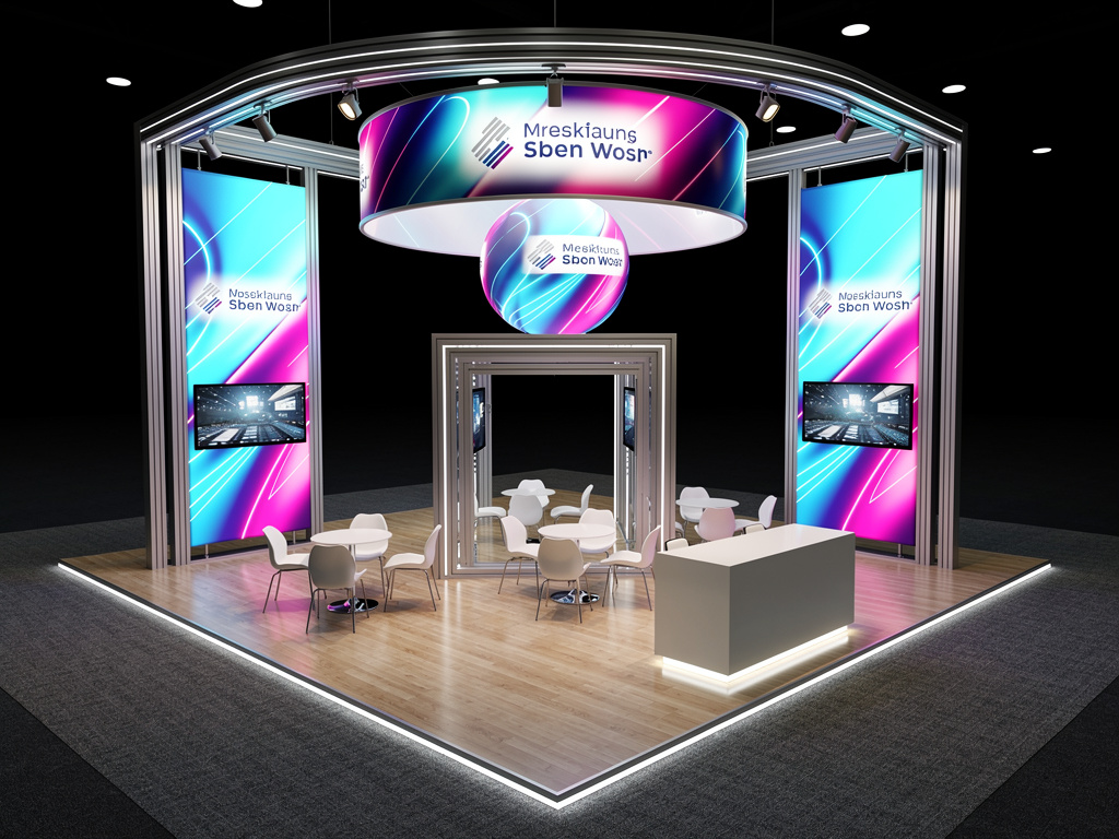 Ascend 20x40 Island Exhibit with Integrated Brand Zones turnkey exhibit 3D rendering