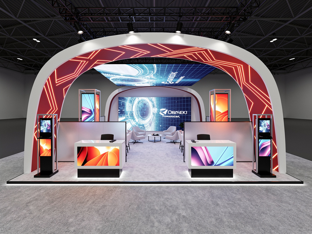 Apex 20x40 Modular Island Exhibit with Integrated Brand Storytelling turnkey exhibit 3D rendering