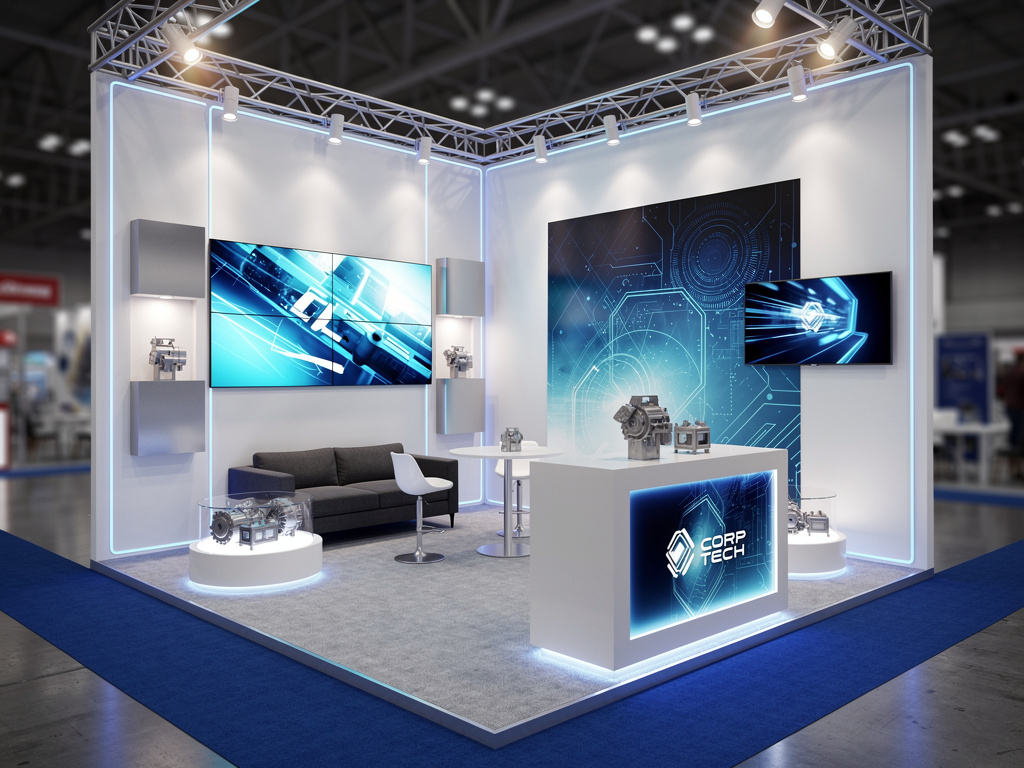 Velocity 20x40 Custom Island Exhibit with Integrated Meeting Zones turnkey exhibit 3D rendering