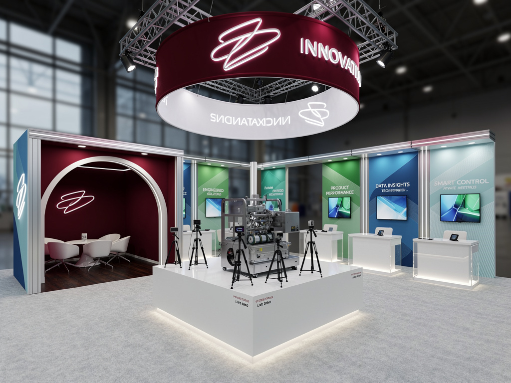 Apex 20x40 Modular Island Exhibit with Dual Engagement Zones turnkey exhibit 3D rendering
