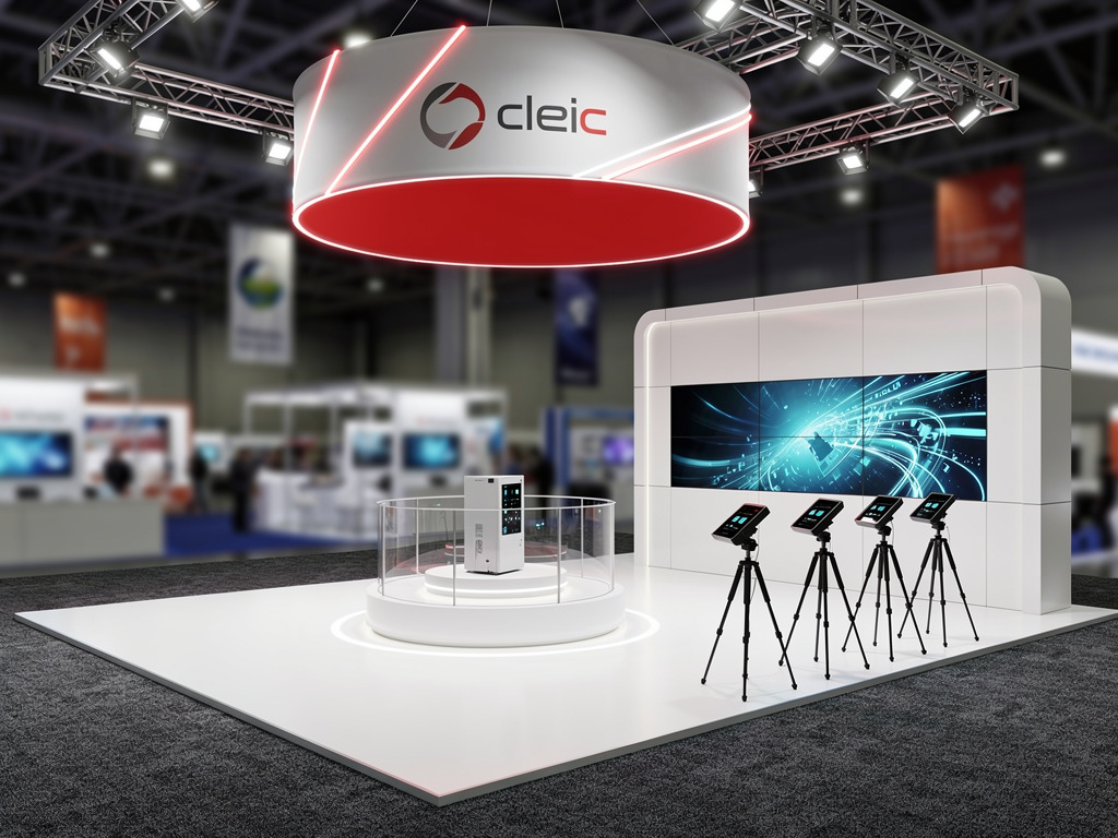 Apex 20x50 Modular Island Exhibit with Integrated Brand Zones turnkey exhibit 3D rendering