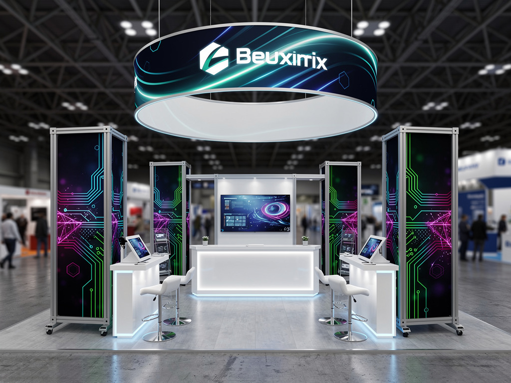 Ascend 20x50 Island Exhibit with Integrated Brand Zones turnkey exhibit 3D rendering