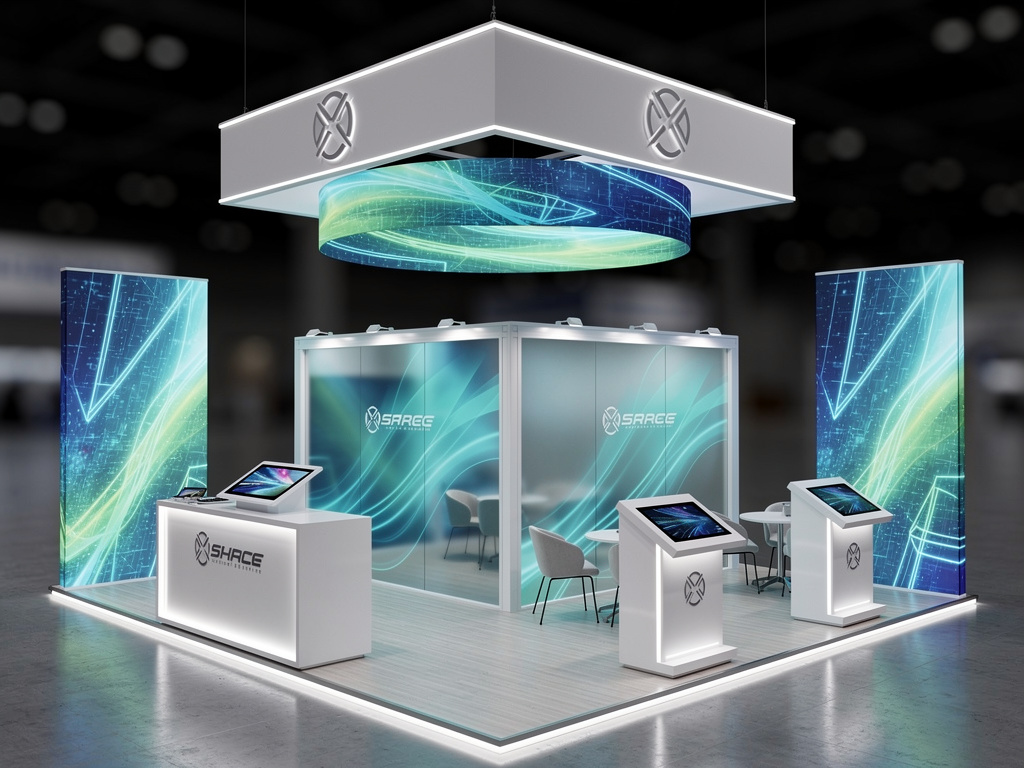 Summit 20x50 Island Exhibit with Integrated Brand Experience turnkey exhibit 3D rendering