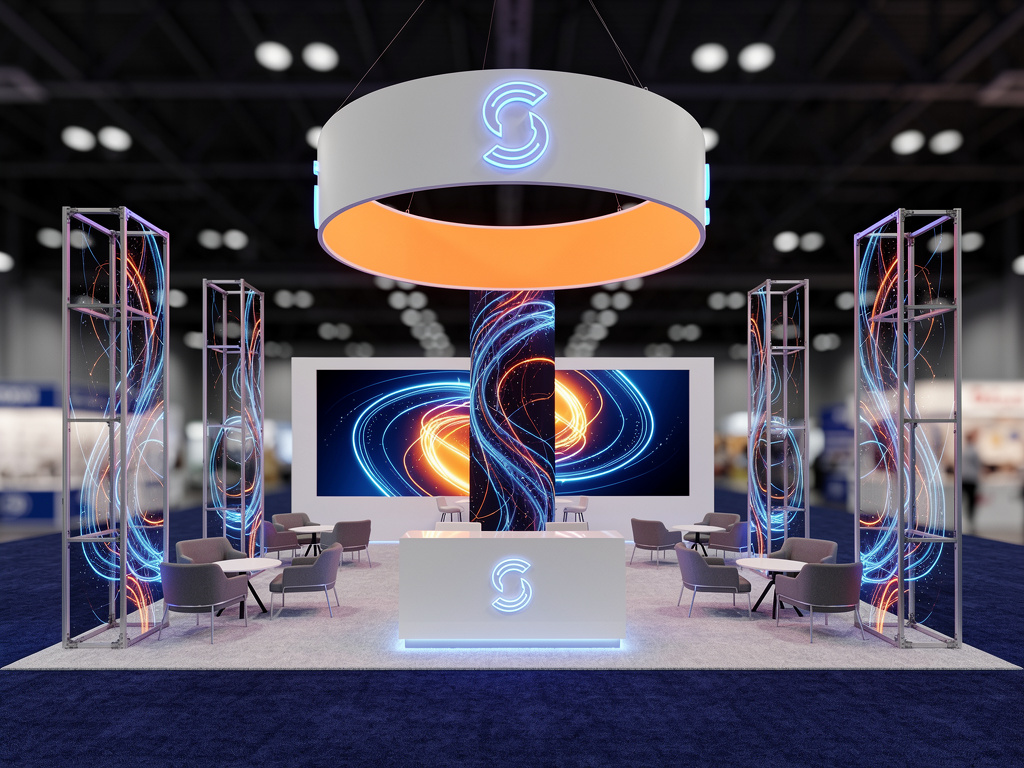 Bechtel 20x50 Island Exhibit: Waste Management Symposium turnkey exhibit 3D rendering