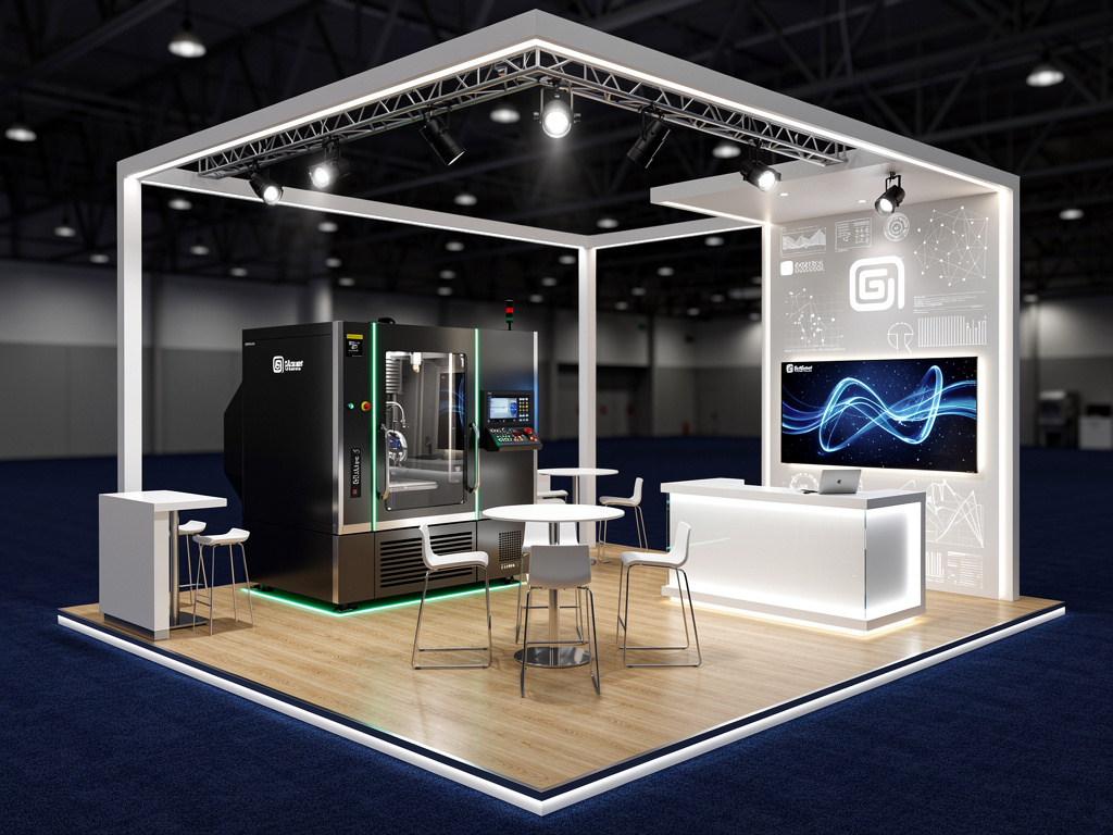 Apex 20x50 Island Exhibit with Integrated Brand Architecture turnkey exhibit 3D rendering