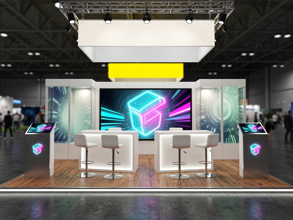 Cypher 20x50 Executive Island Exhibit with Reconfigurable Architecture turnkey exhibit 3D rendering