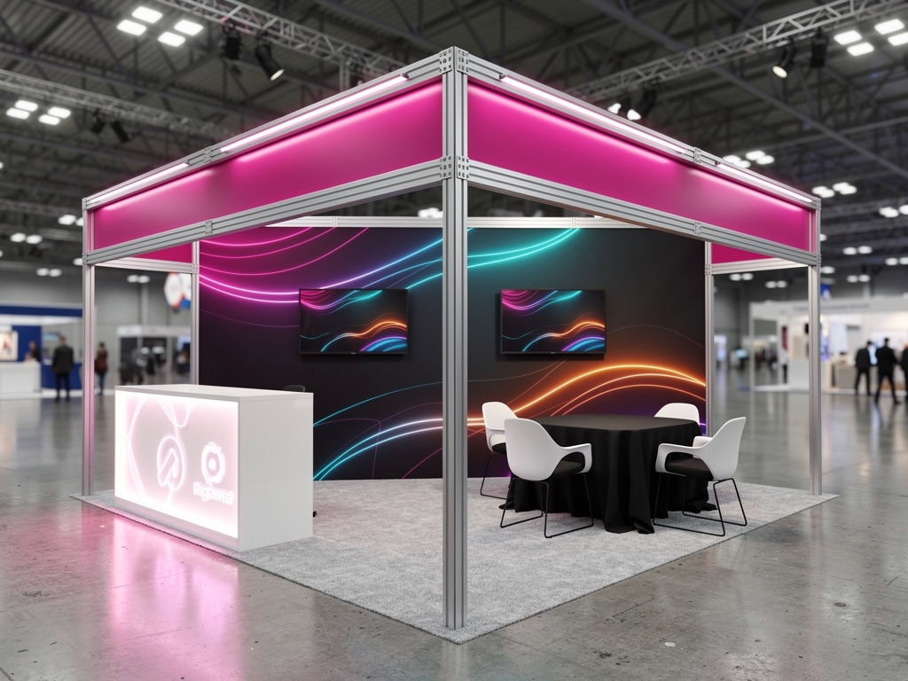The Welcome 20x50 Island Exhibit with Reconfigurable Modular Architecture turnkey exhibit 3D rendering