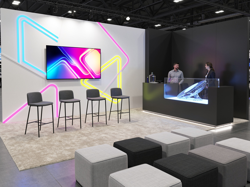 Metaverse 20x50 Island Exhibit with Reconfigurable Modular Architecture turnkey exhibit 3D rendering