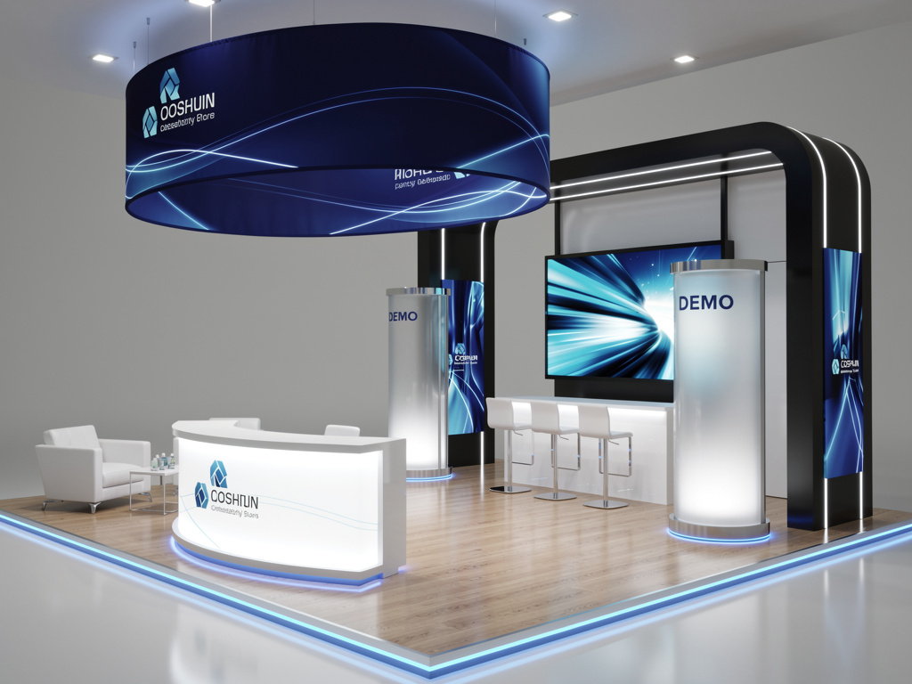 Apex 30x30 Modular Island Exhibit with Integrated Brand Zones turnkey exhibit 3D rendering