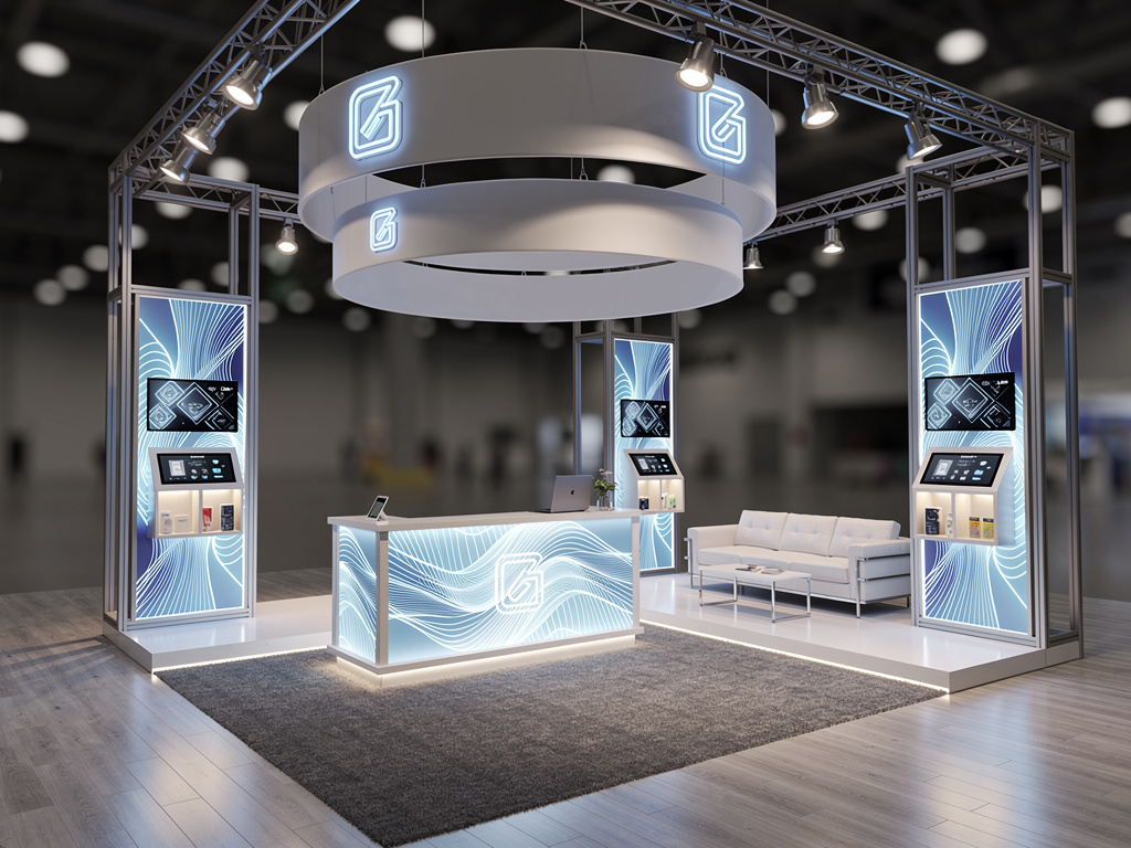 Summit 30x30 Island Exhibit with Integrated Brand Pavilion turnkey exhibit 3D rendering
