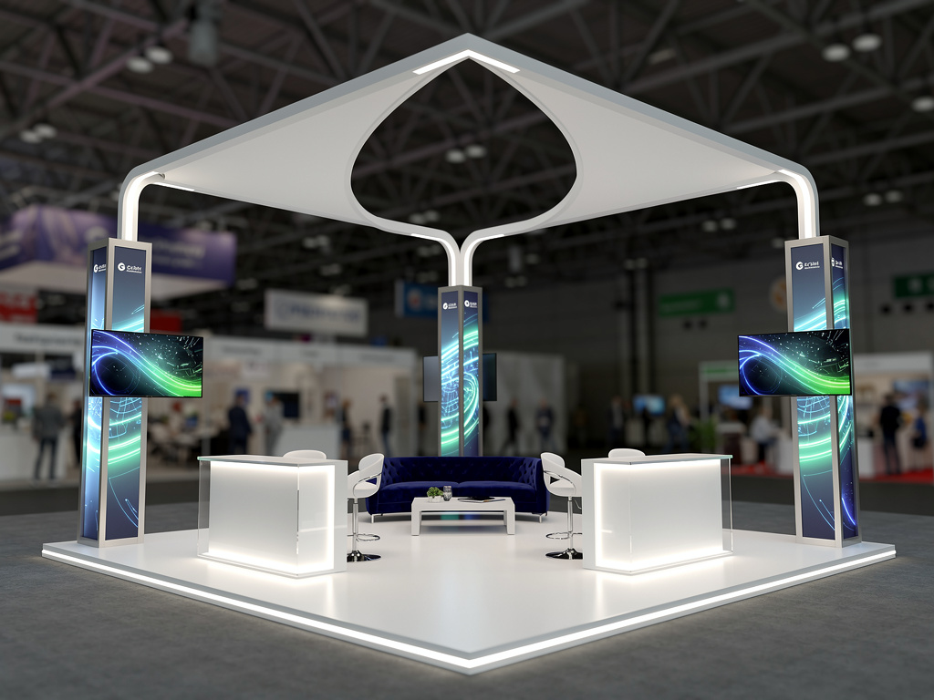 Summit 30x30 Grand Island Exhibit with Integrated Brand Pavilion turnkey exhibit 3D rendering