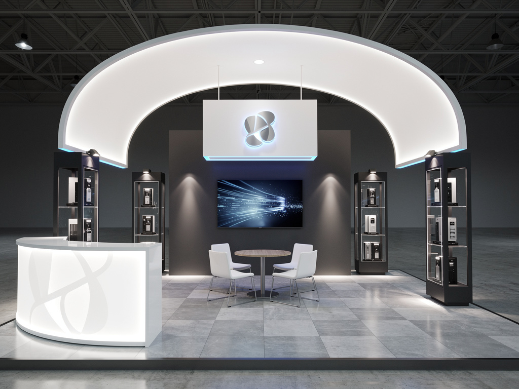 Cerrad 30x30 Grand Island Exhibit with Dual Engagement Zones turnkey exhibit 3D rendering