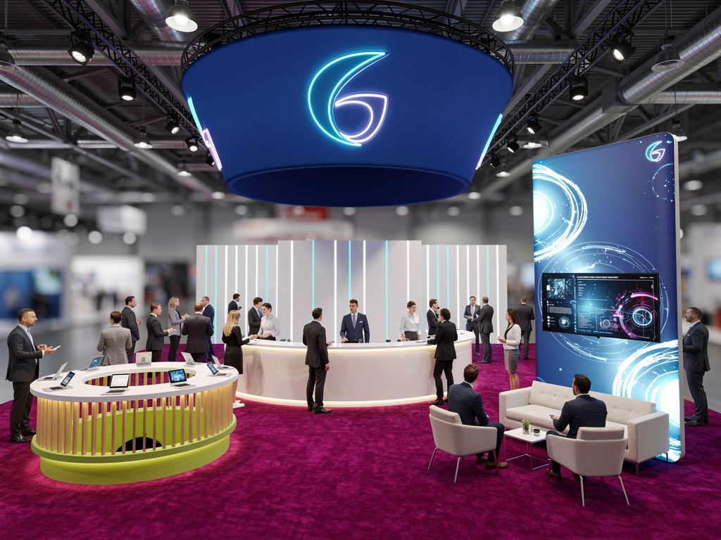 Summit 30x30 Island Exhibit with Integrated Brand Pavilion turnkey exhibit 3D rendering