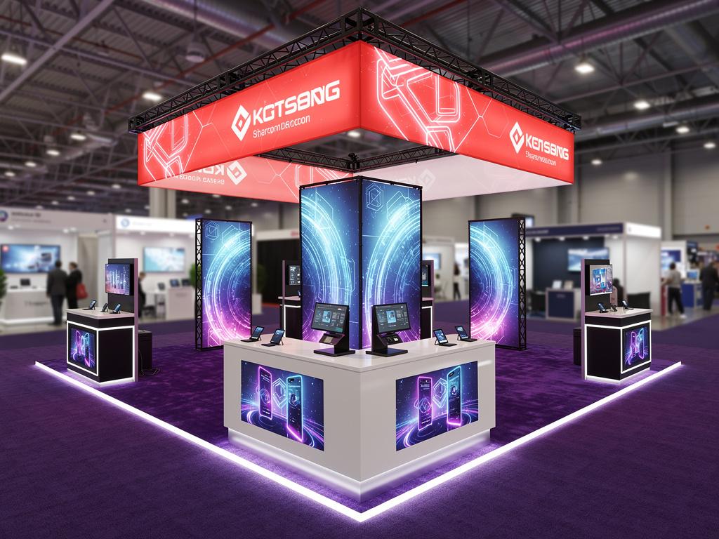 Shape 30x30 Modular Island Exhibit with Integrated Brand Architecture turnkey exhibit 3D rendering