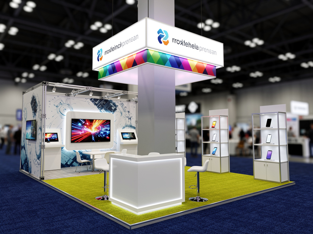 Apex 30x40 Grand Island Exhibit with Integrated Brand Pavilion turnkey exhibit 3D rendering