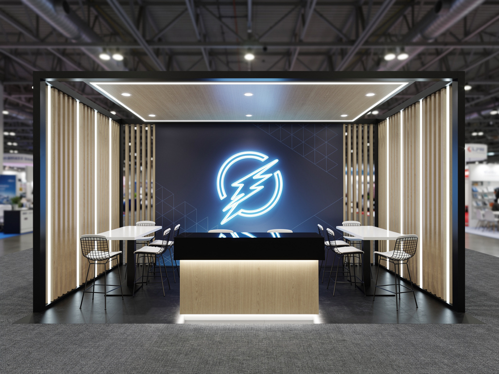 Inspired Shades 30x50 Grand Island Exhibit with Integrated Brand Zones turnkey exhibit 3D rendering